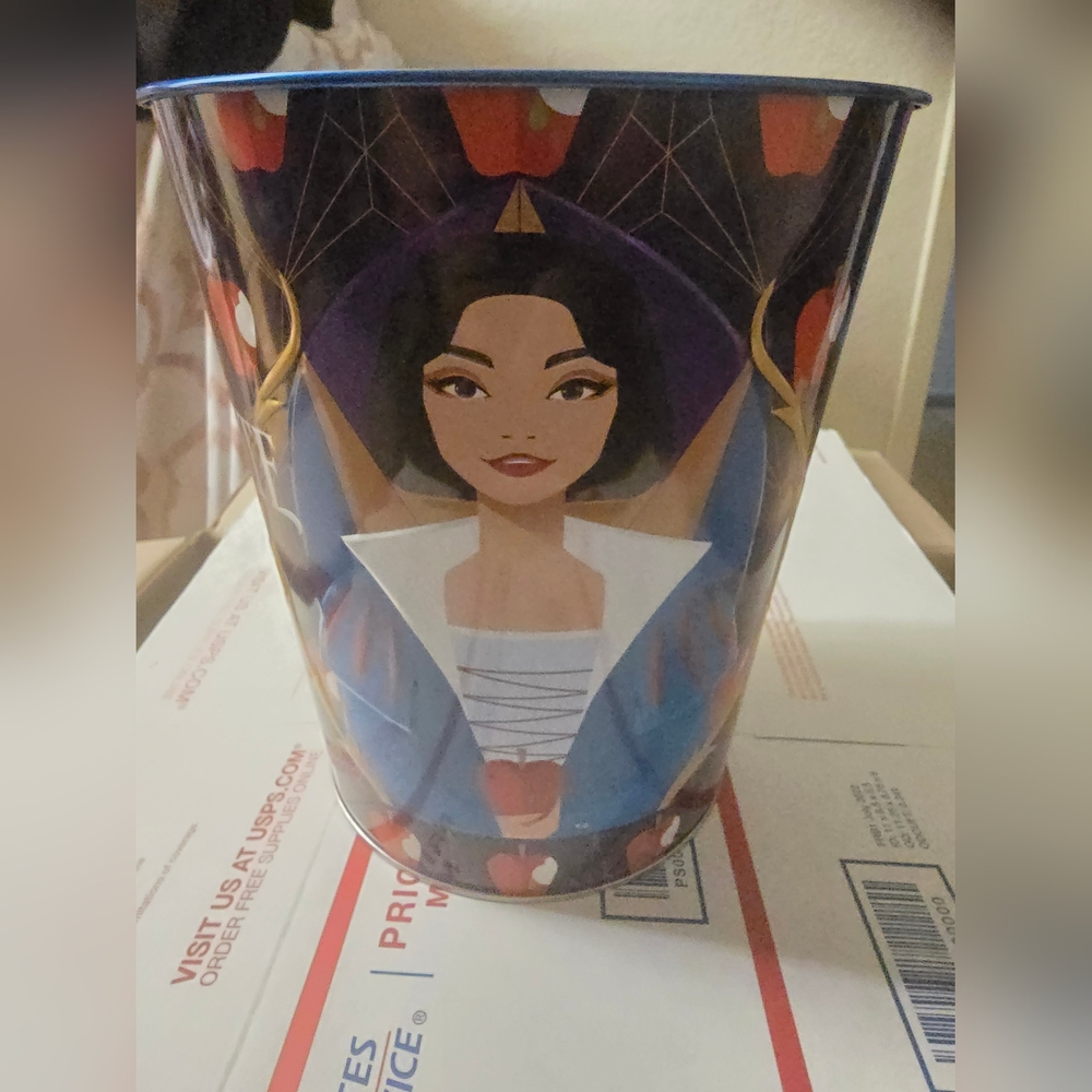 Snow white popcorn bucket tin
